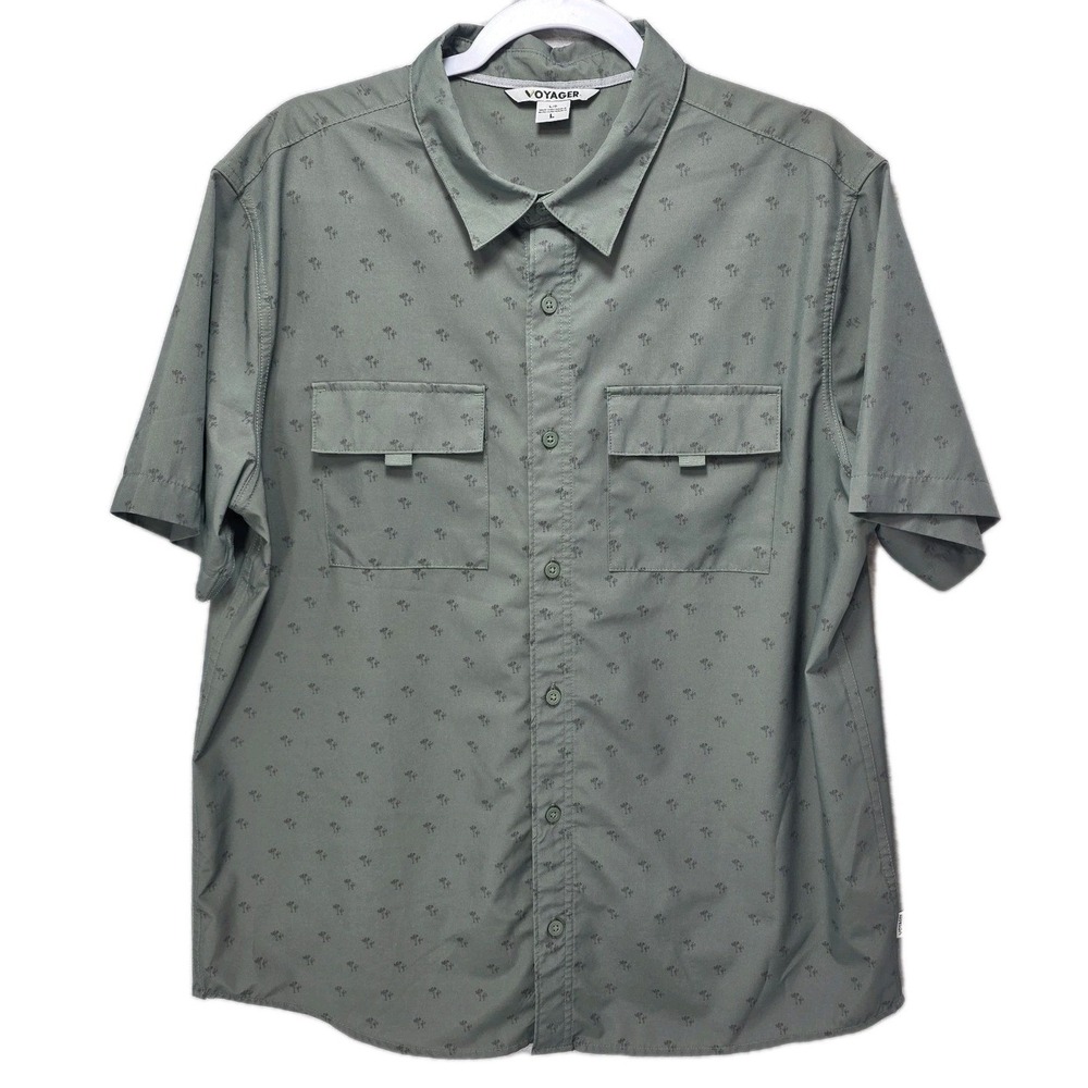Voyager Joshua Tree Button Shirt Mens L All‎ Over Print Stretch Pockets Green